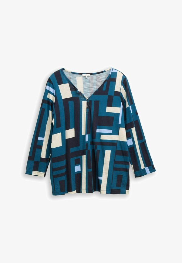 TOM TAILOR PLUS SIZE - HENLEY MIT MUSTER - Long sleeved top - teal geometric design