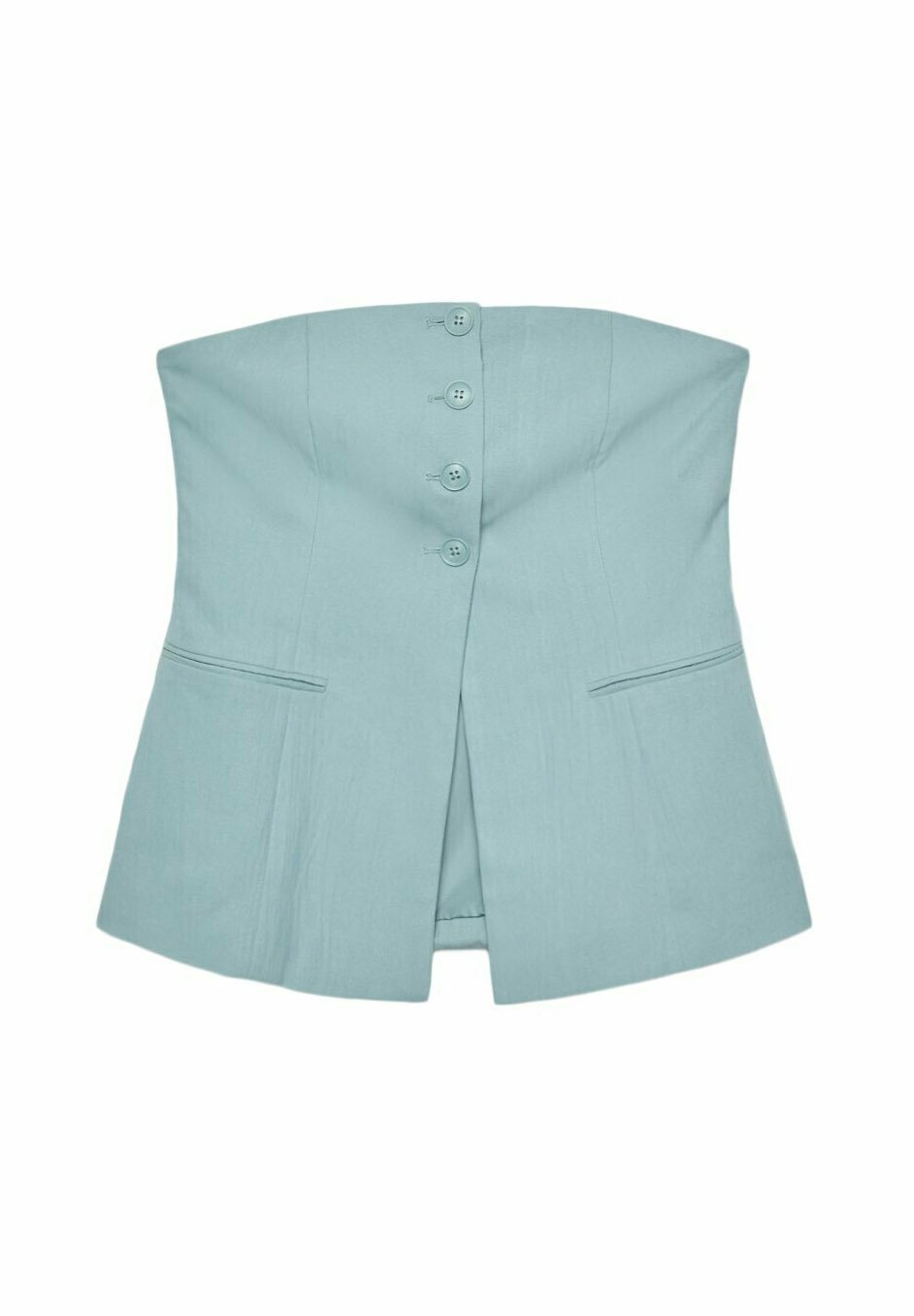 Himmelblaues trägerloses Top mit strukturiertem Design, fünf Knöpfen an der Vorderseite und zwei flachen Taschen an den Seiten.