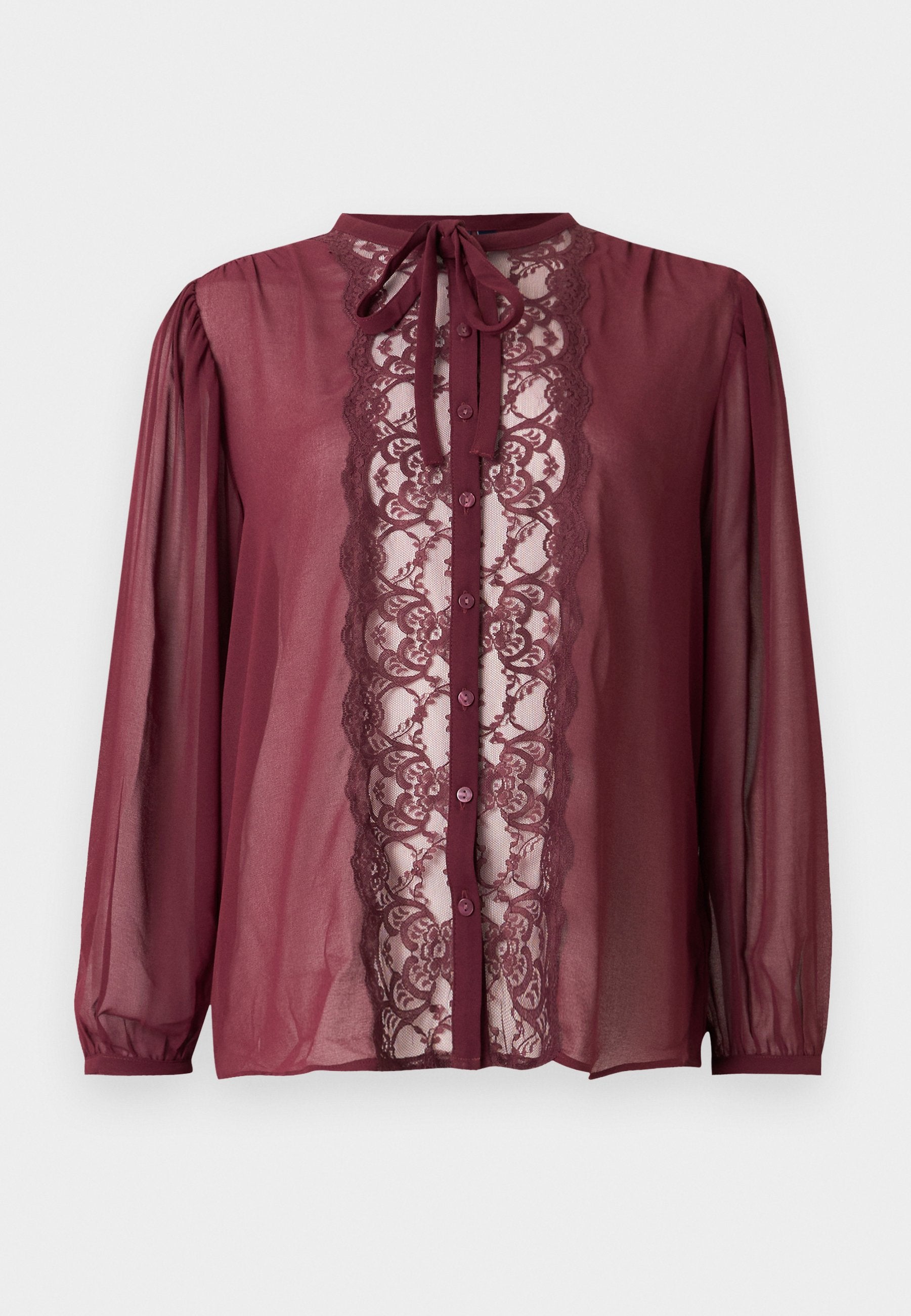 Bordeauxrote Bluse mit langen Ärmeln, Spitzenpanele vorne, Knopfverschluss und einer Schleife am Hals. Durchsichtiger Stoff mit gerafften Schultern.
