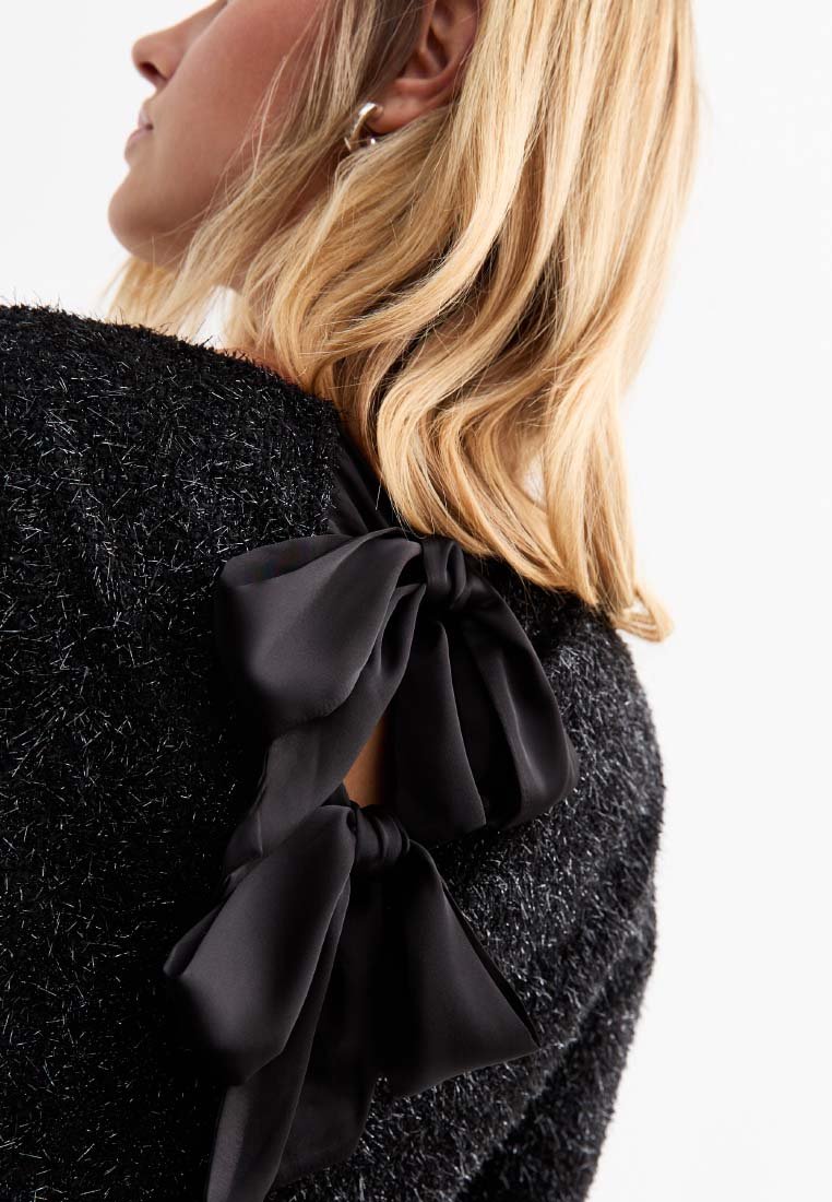 New Look BLACK BOW BACK TINSEL LONG SLEEVE MINI