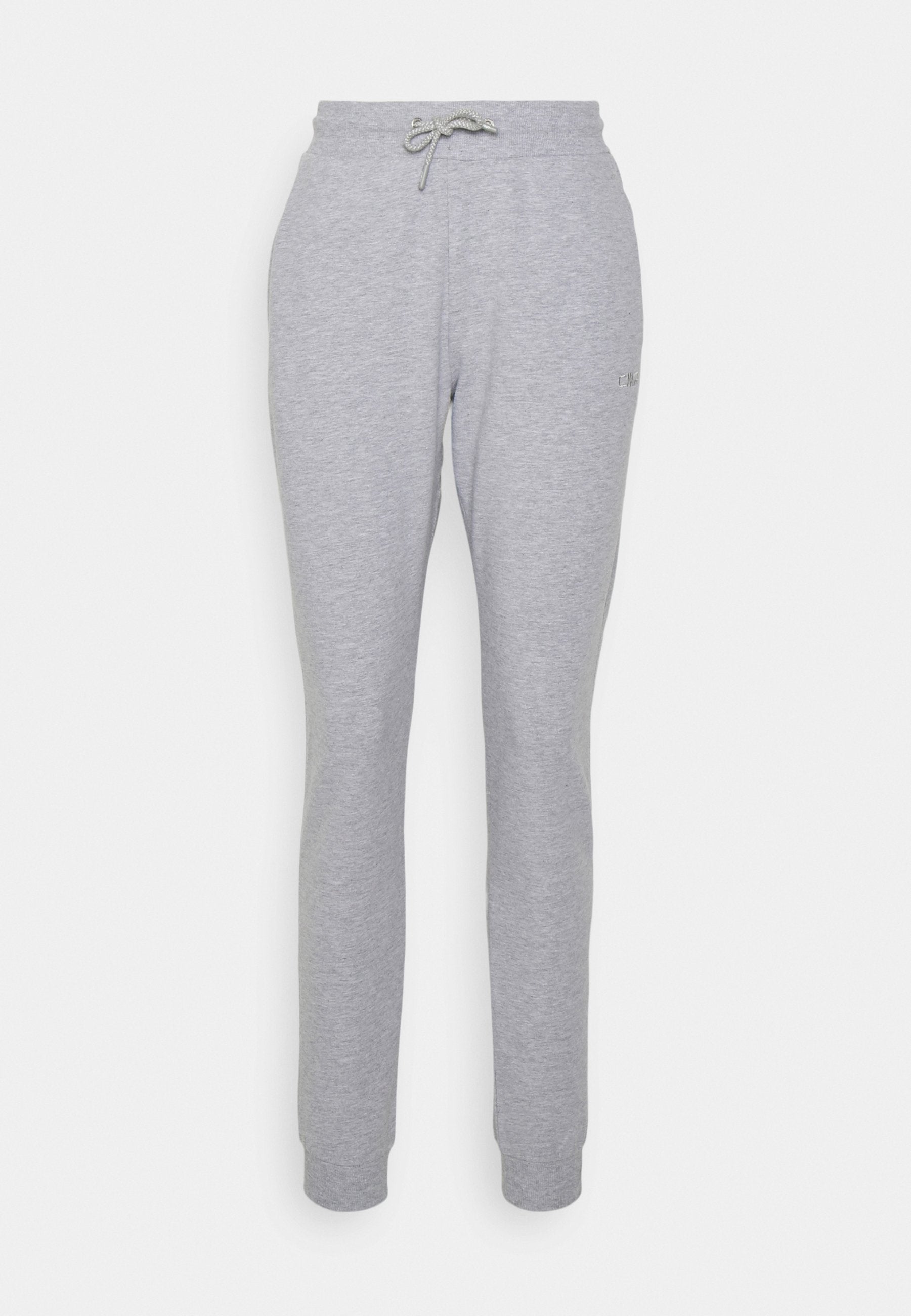 Helle graue Jogginghose mit elastischem Bund, Kordelzug, schmal zulaufenden Beinen und cuffs, vor einem weißen Hintergrund präsentiert.