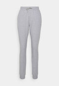 Helle graue Jogginghose mit elastischem Bund, Kordelzug, schmal zulaufenden Beinen und cuffs, vor einem weißen Hintergrund präsentiert.