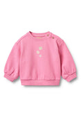 Rosa Sweatshirt mit rundem Ausschnitt, Puffärmeln und gerippten Bündchen. Verziert mit aufgestickten Muscheldesigns und dekorativen Knöpfen.
