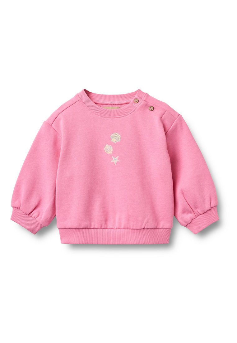 Rosa Sweatshirt mit rundem Ausschnitt, Puffärmeln und gerippten Bündchen. Verziert mit aufgestickten Muscheldesigns und dekorativen Knöpfen.