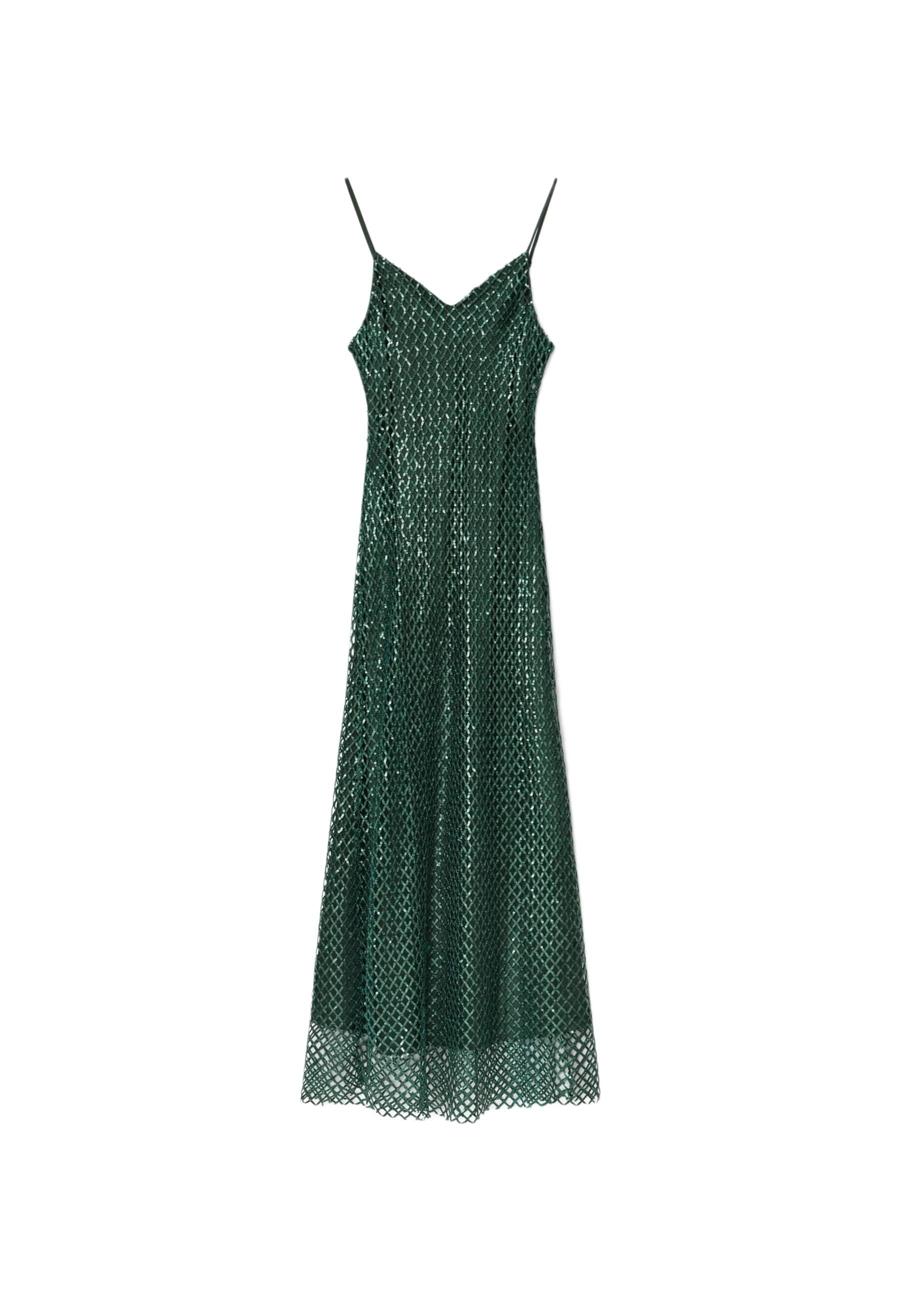 Dunkelgrünes, langes, ärmelloses Kleid mit dünnen Trägern und einem Überzug aus diamantgemustertem Mesh auf einem weißen Hintergrund.