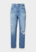 Helle blaue Denim-Jeans mit hoher Taille, geradem Bein und Distressed-Details an der Vorderseite. Verfügt über den klassischen Fünf-Taschen-Stil.