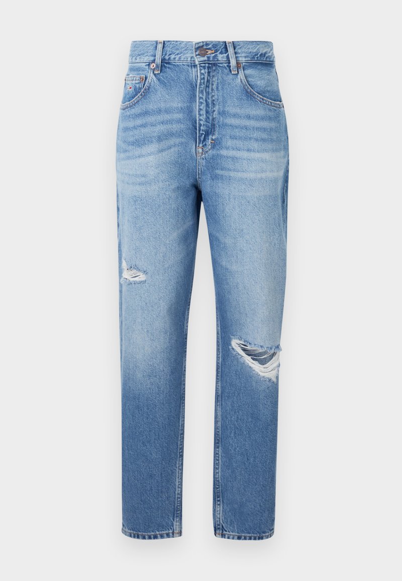 Helle blaue Denim-Jeans mit hoher Taille, geradem Bein und Distressed-Details an der Vorderseite. Verfügt über den klassischen Fünf-Taschen-Stil.