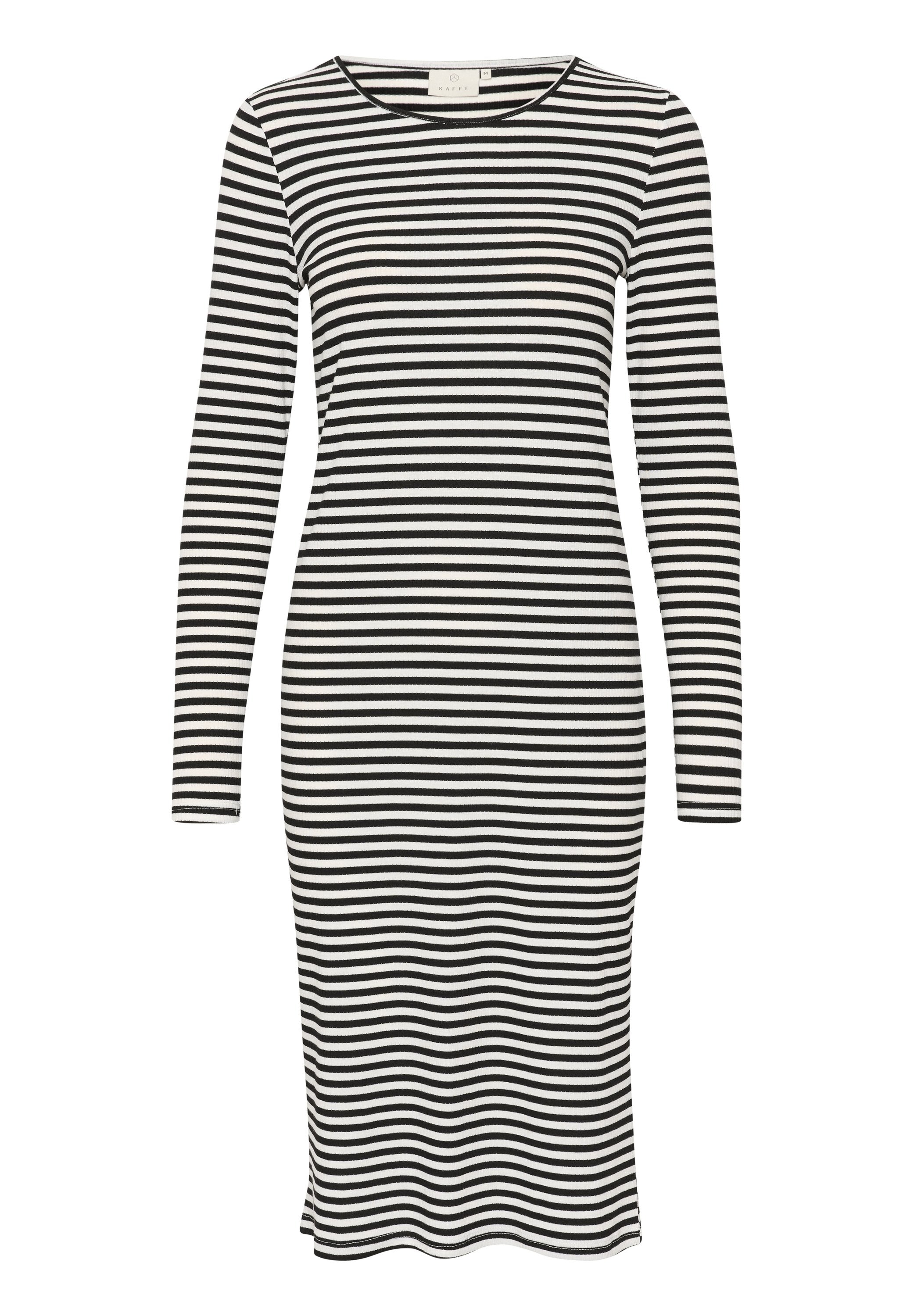 Langärmliges Kleid mit taillierter Silhouette, aus weichem Stoff mit abwechselnd schwarzen und weißen horizontalen Streifen. Rundhalsausschnitt.