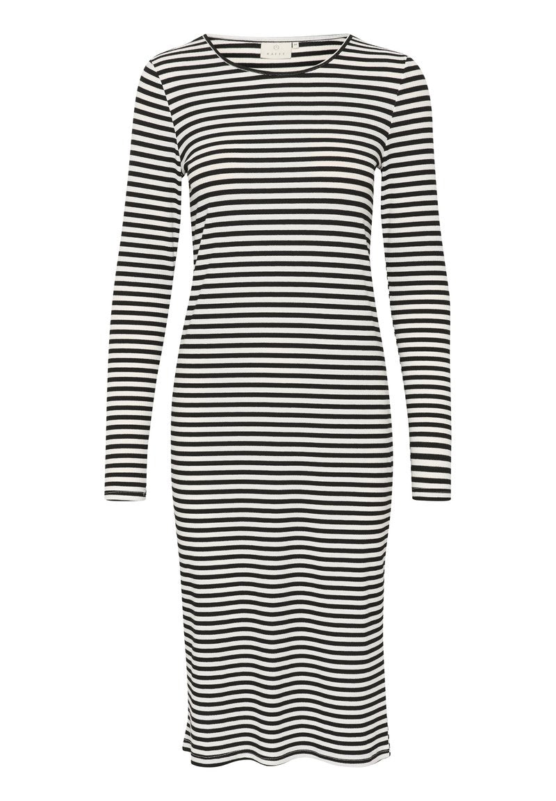 Langärmliges Kleid mit taillierter Silhouette, aus weichem Stoff mit abwechselnd schwarzen und weißen horizontalen Streifen. Rundhalsausschnitt.