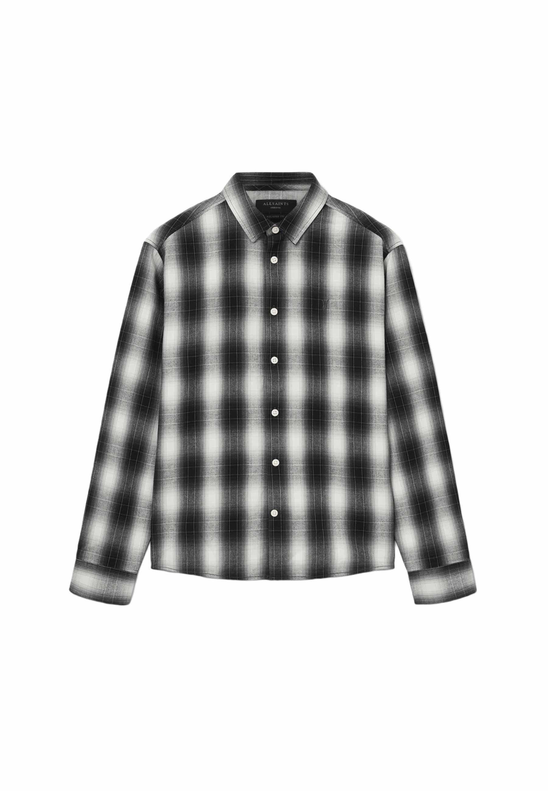 Schwarz-weiße karierte Hemd mit langen Ärmeln, Button-Down-Kragen und vorderer Knopfleiste. Hergestellt aus weichem Stoff mit einem karisierten Muster.