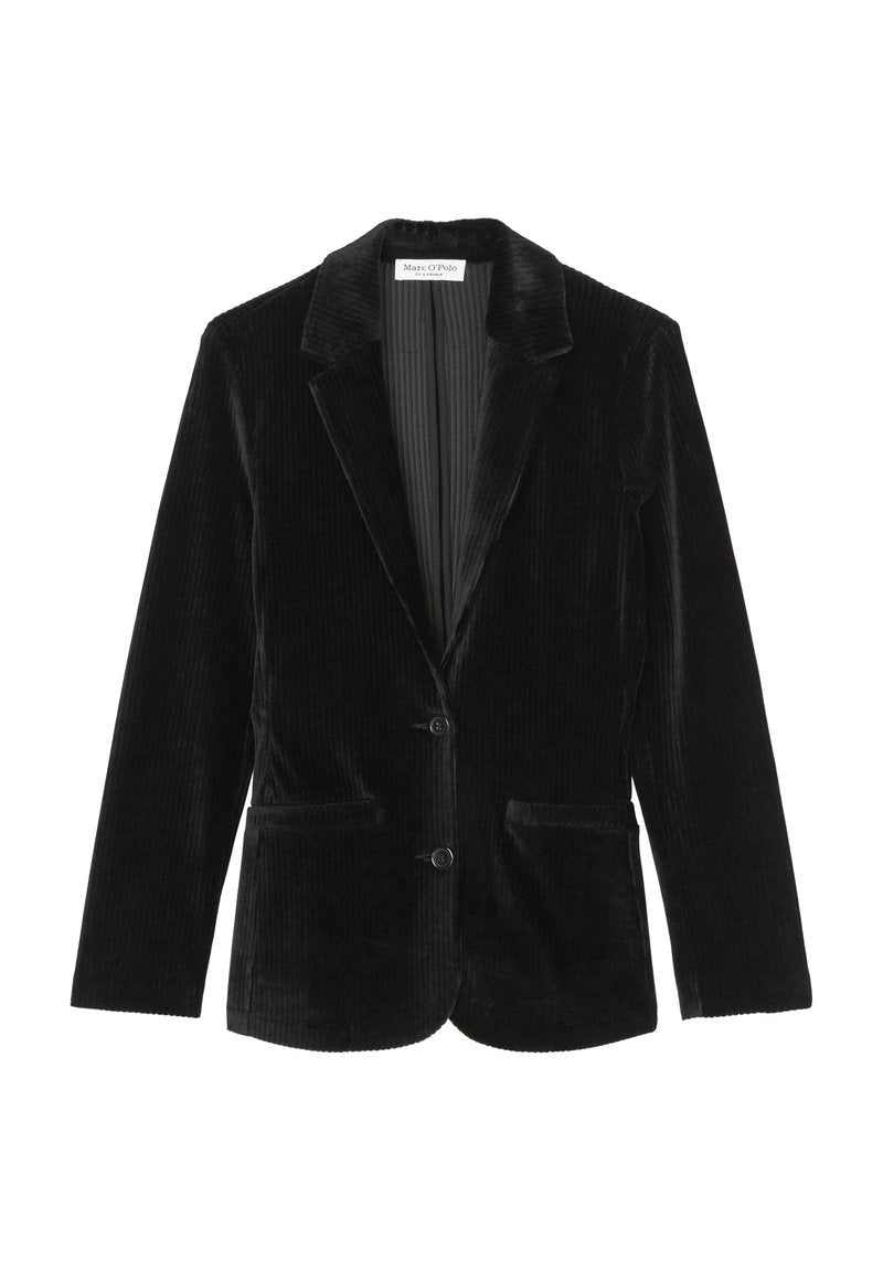 Schwarzer Cord-Blazer mit Reverskragen, zwei Knöpfen und Fronttaschen. Gerippte Textur und taillierte Silhouette. Mischgewebe aus Polyester.