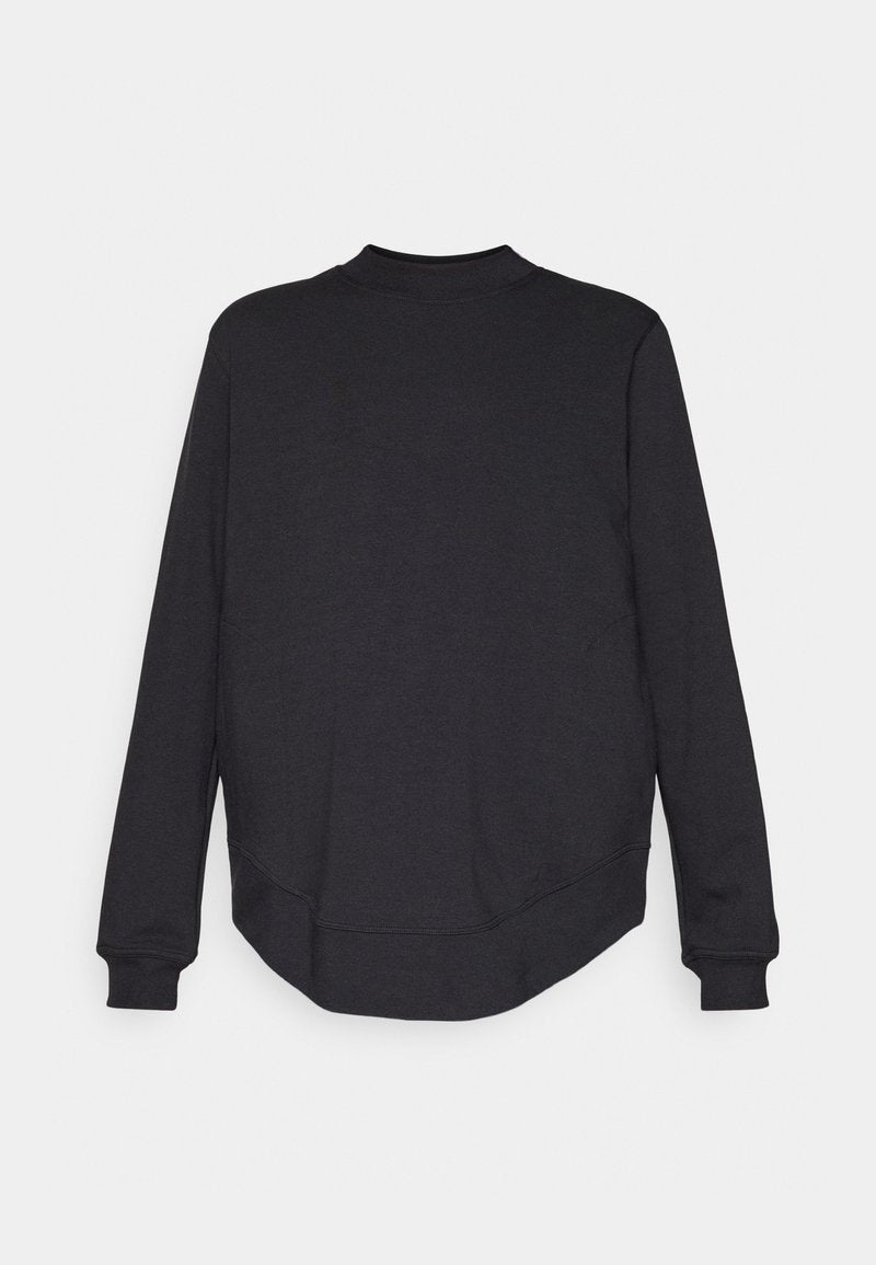 Schwarzes Sweatshirt mit langen Ärmeln, abgerundetem Saum und Rundhalsausschnitt. Glatte Stoffoberfläche; keine sichtbaren Muster oder Beschläge.