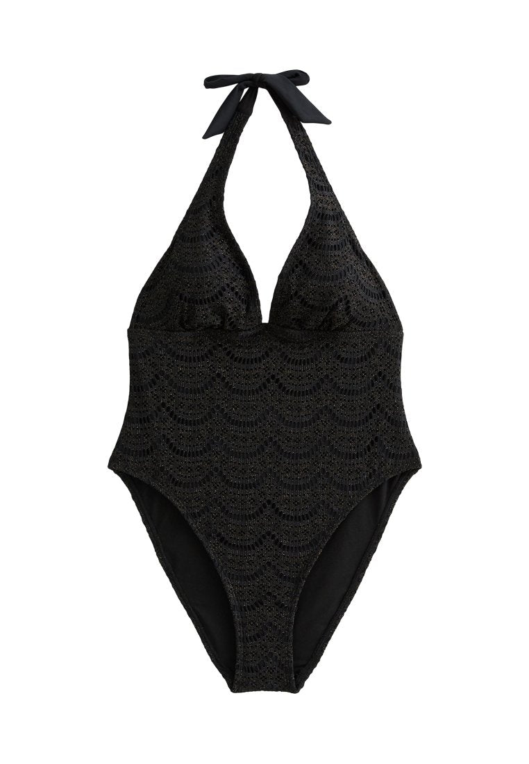 Schwarzer Ganzkörper-Badeanzug mit Halterneck und Schleifenbindung. Verfügt über ein strukturiertes Spitzen-Design und eine figurbetonte Silhouette. Glatt gefüttertes Innenfutter.