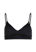 Schwarzes Bralette mit V-Ausschnitt, verstellbaren dünnen Trägern, minimaler Polsterung und einer subtilen Nahtdetails entlang des unteren Bundes.