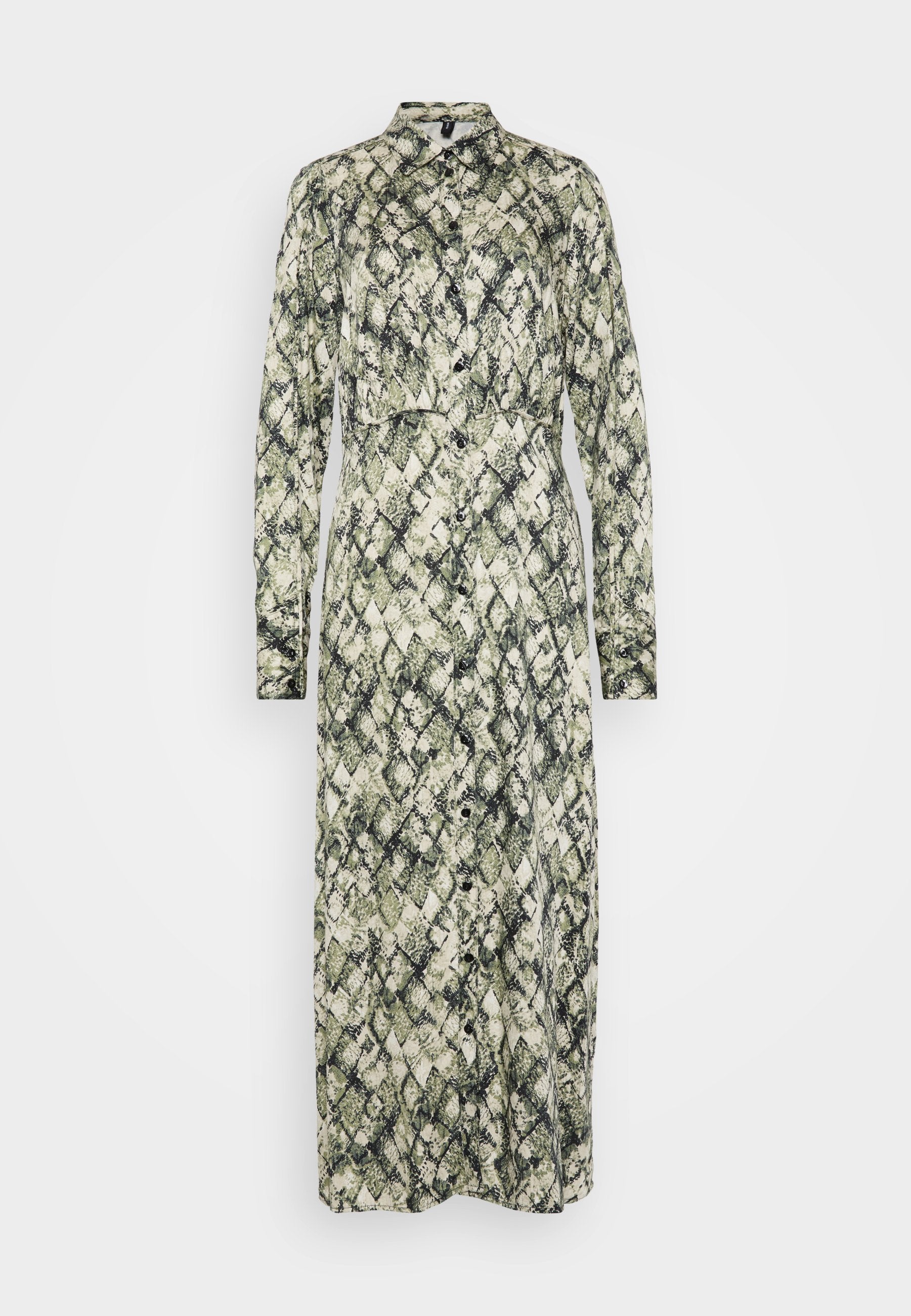Langärmliges, knopfgeschlossenes Kleid im grünen und cremefarbenen Schlangenprint. Mit Kragen und langen Ärmeln. Hergestellt aus leichtem Stoff.