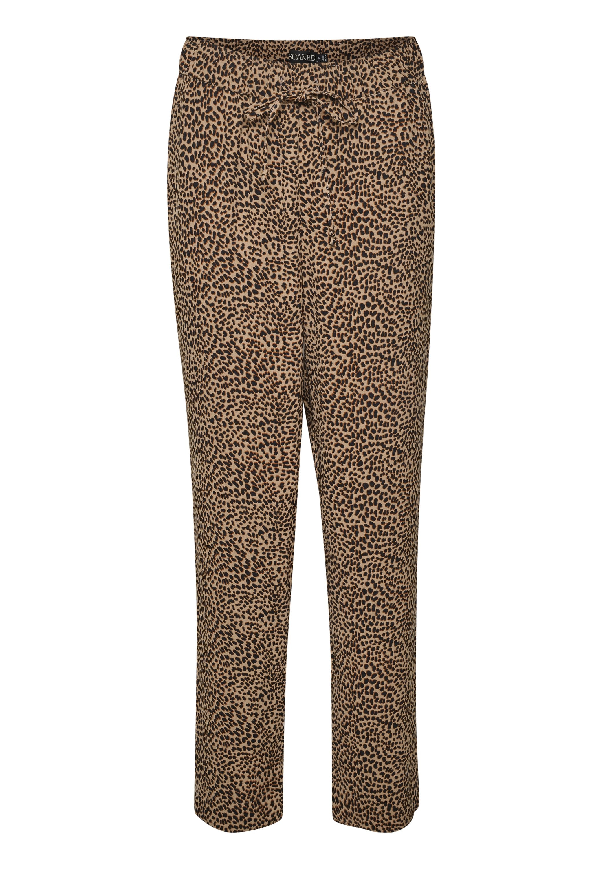 Hose mit Leopardenmuster in Beige- und Brauntönen, mit elastischem Bund, Kordelzug und schmal zulaufendem Bein. Leichter, glatter Stoff.