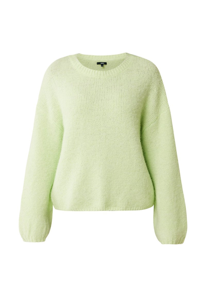 Limettengrüner Pullover aus flauschigem Textil mit rundem Ausschnitt und langen, leicht puffigen Ärmeln mit gerippten Bündchen.