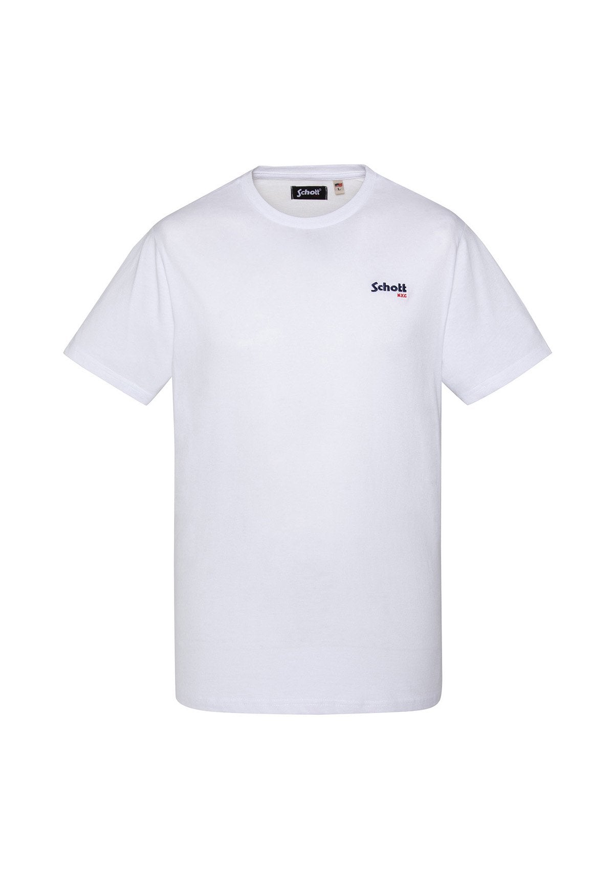 Weißes Baumwoll-T-Shirt mit kurzen Ärmeln, Rundhalsausschnitt und kleinem blauen Logo-Text auf der linken Brustseite.