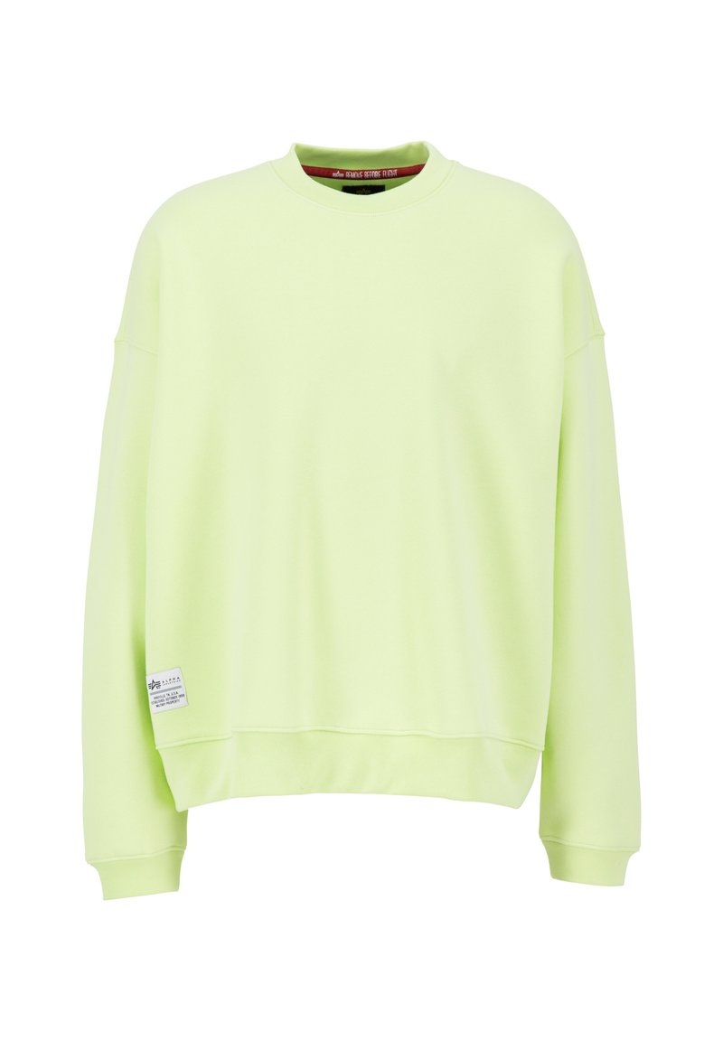 Hellgrüner Hoodie aus weichem Material, mit Rundhalsausschnitt und geripptem Saum. Beinhaltet ein Etikett auf der unteren linken Seite.