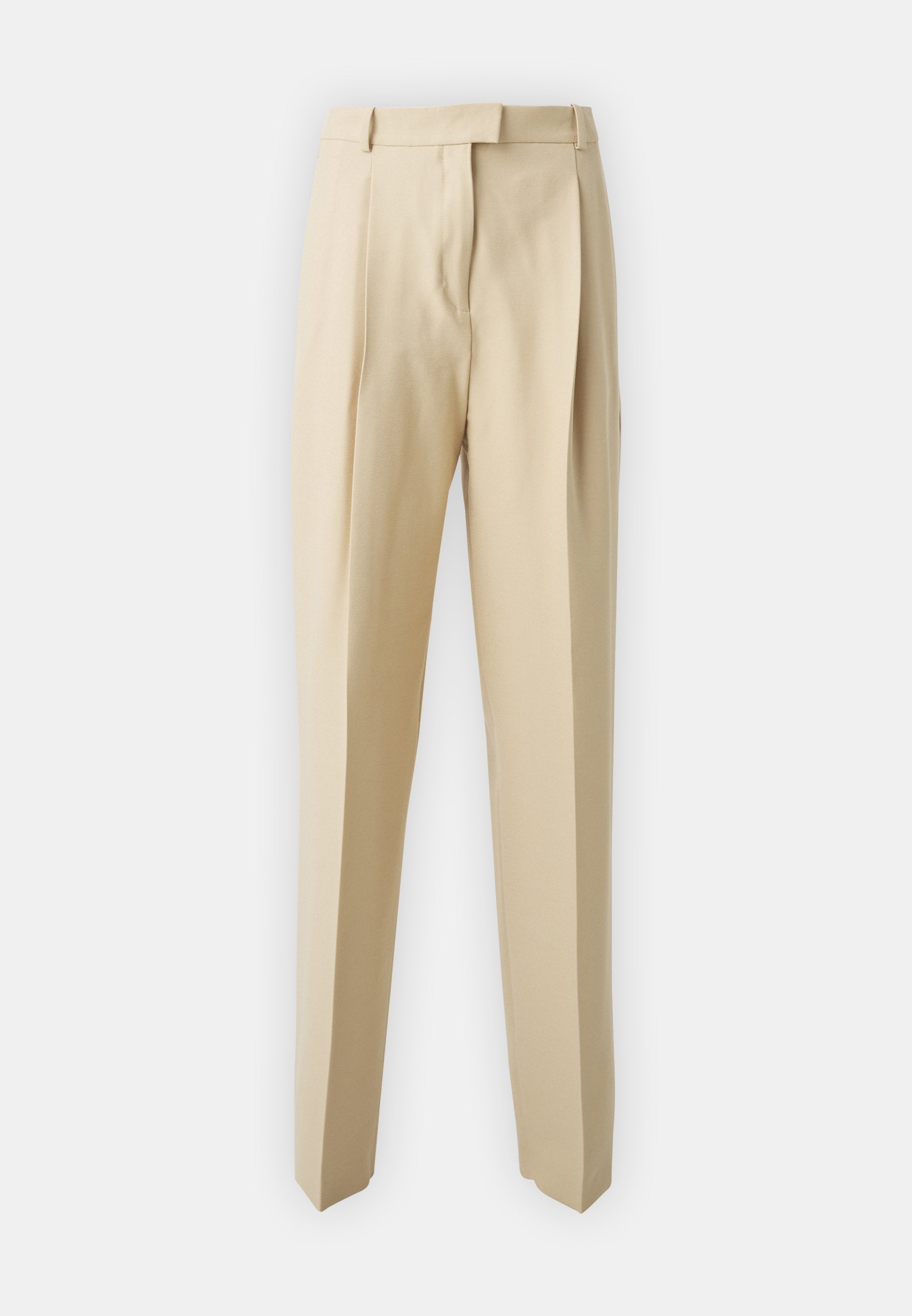 Beige maßgeschneiderte Hose mit geradem Schnitt, ausgestattet mit Falten, einem Bund und einer glatten Textur. Keine sichtbaren Taschen oder Verzierungen.
