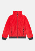 Rote Fleecejacke mit hohem Kragen, strukturierter Oberfläche, zwei seitlichen Reißverschlusstaschen sowie schwarzen Bündchen und Saum. Durchgehender Reißverschluss.
