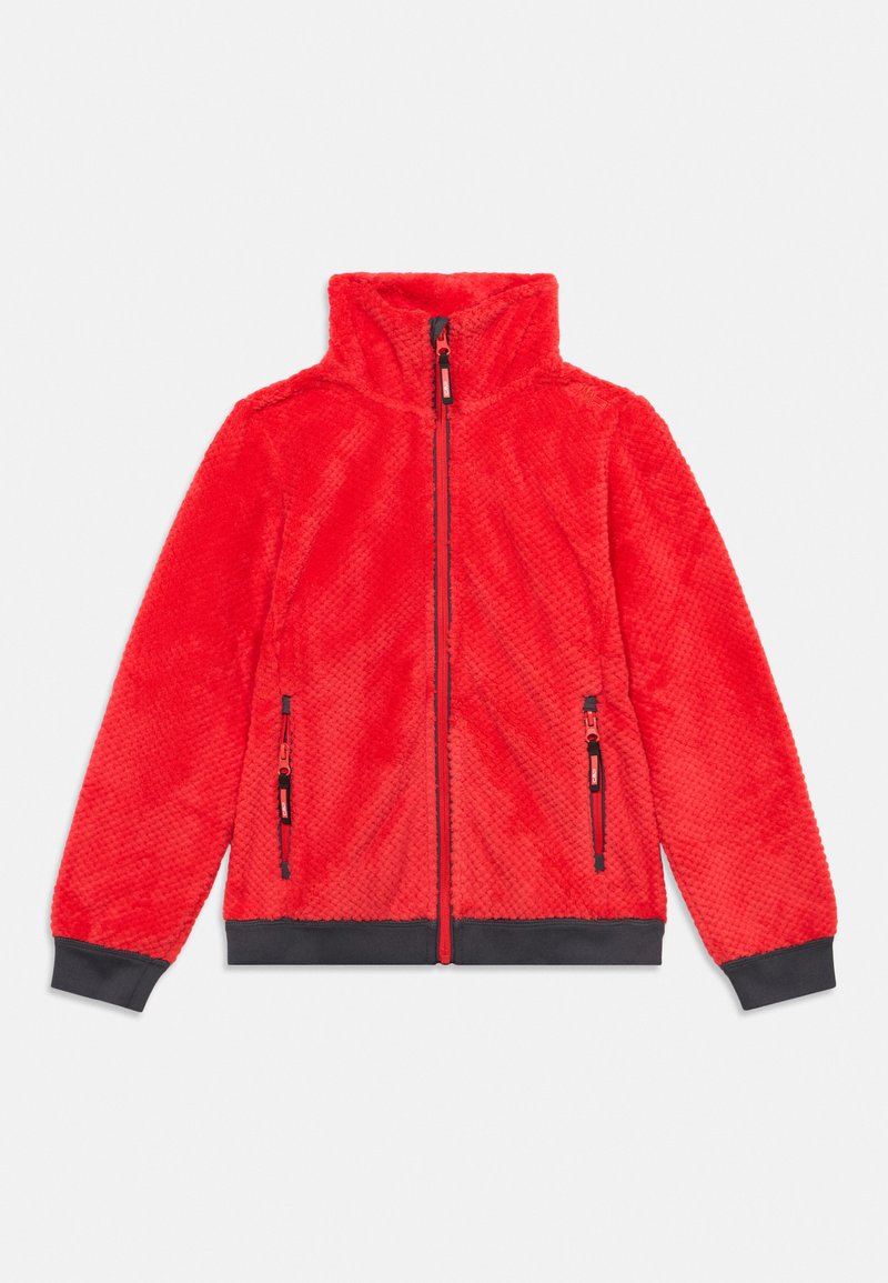 Rote Fleecejacke mit hohem Kragen, strukturierter Oberfläche, zwei seitlichen Reißverschlusstaschen sowie schwarzen Bündchen und Saum. Durchgehender Reißverschluss.
