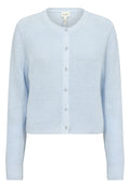 Hellblauer Strickcardigan mit langen Ärmeln und rundem Ausschnitt, mit einer vorderen Knopfleiste und gerippten Bündchen.
