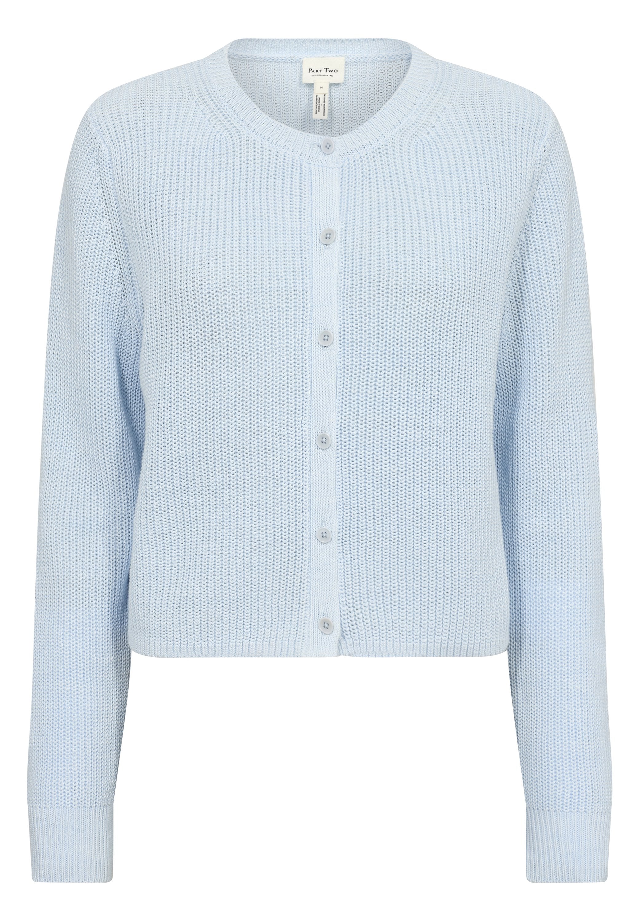 Hellblauer Strickcardigan mit langen Ärmeln und rundem Ausschnitt, mit einer vorderen Knopfleiste und gerippten Bündchen.