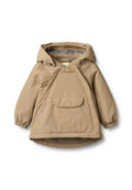 Beige Kapuzenjacke mit elastischen Bündchen, großer Tasche und kariertem Futter. Weiche Textur und lässiges, lockeres Design für hohen Tragekomfort.