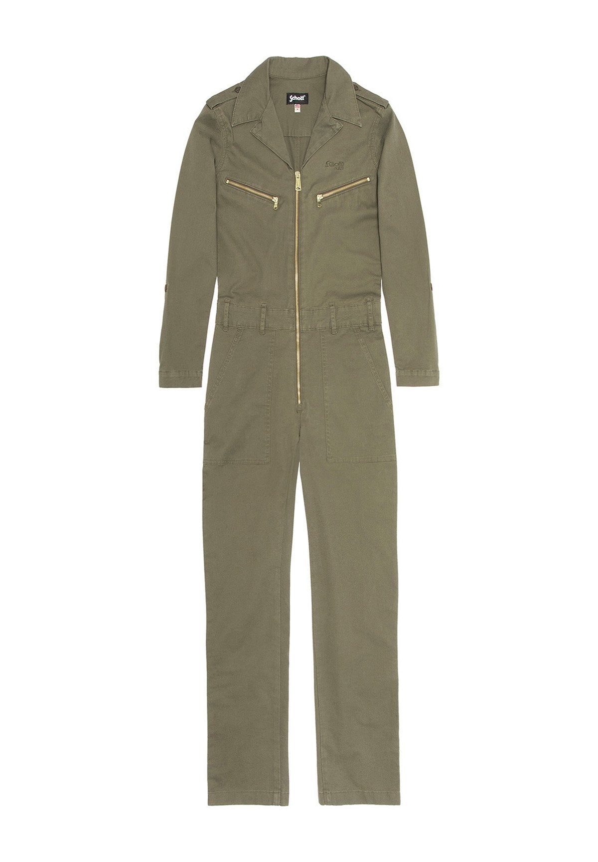 Olivgrüner Overall mit langen Ärmeln, Reißverschluss vorne, zwei Brusttaschen und tailliertem Gürtel. Mit goldenen Details und einem Kragen-Design.