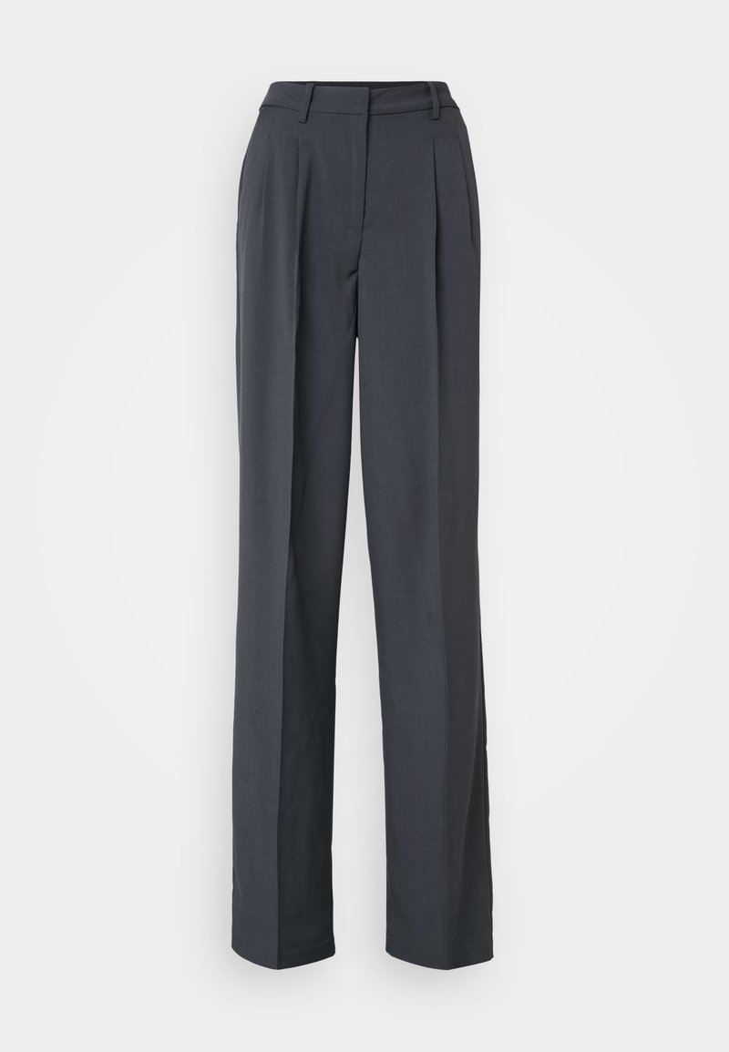 Dunkelgraue, weit geschnittene Hose aus strukturiertem Stoff. Sie verfügt über vordere Falten, einen flachen Bund und ein klares Design ohne Verzierungen.