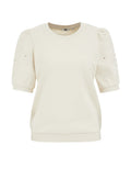 Cremefarbener Sweatshirt mit kurzen Puffärmeln, gerippten Bündchen und Saum, mit dezentem Stickereidetails an den Ärmeln. Weicher, strukturierter Stoff.