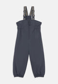Navyblauer Overall mit verstellbaren gestreiften Trägern, Reißverschluss vorne, gerafftem Bund und elastischen Manschetten an den Knöcheln.