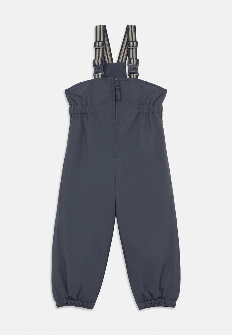 Navyblauer Overall mit verstellbaren gestreiften Trägern, Reißverschluss vorne, gerafftem Bund und elastischen Manschetten an den Knöcheln.