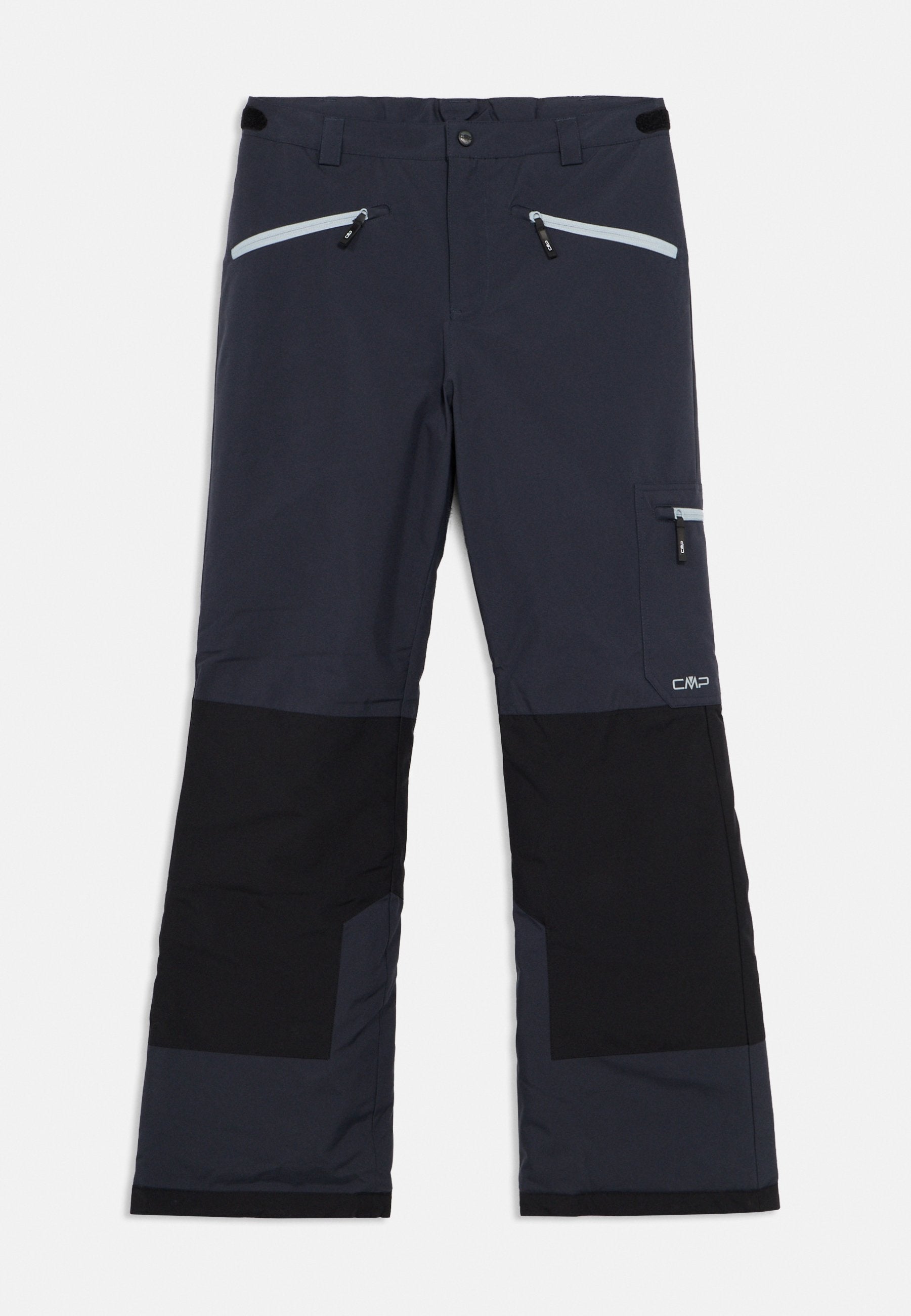 Wasserabweisende Skihose in Marineblau und Schwarz mit Reißverschlusstaschen, verstellbarem Bund und verstärkten Knien für Langlebigkeit.