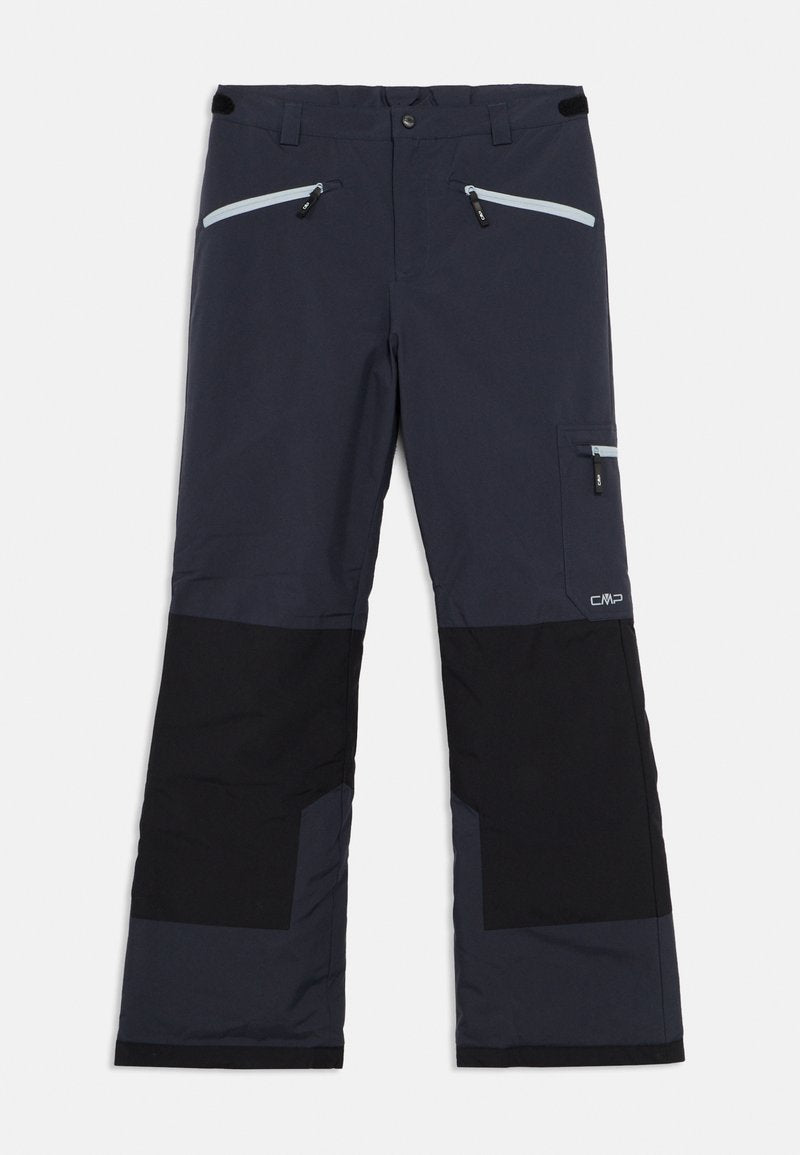 Wasserabweisende Skihose in Marineblau und Schwarz mit Reißverschlusstaschen, verstellbarem Bund und verstärkten Knien für Langlebigkeit.