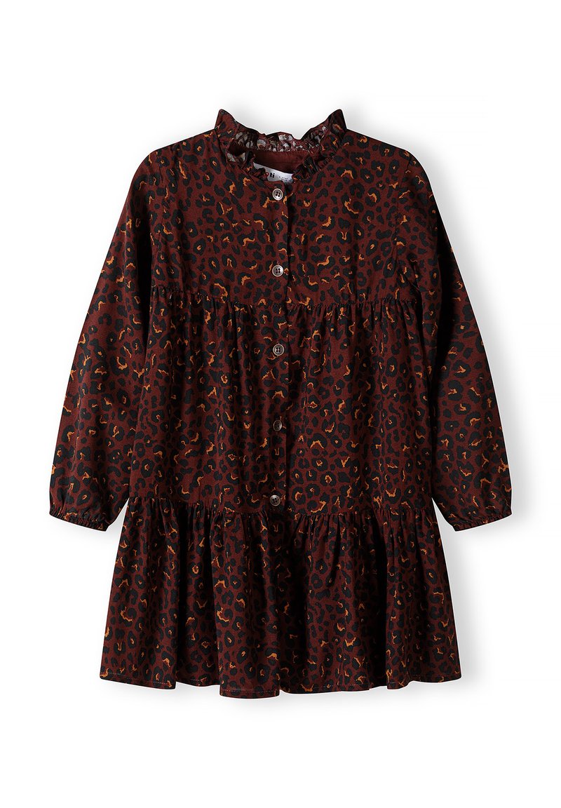 Braun gepunktetes Kleid mit Rüschensaum, Knopfleiste, langen Ärmeln und ausgestelltem Rock. Aus weichem, strukturiertem Stoff gefertigt.