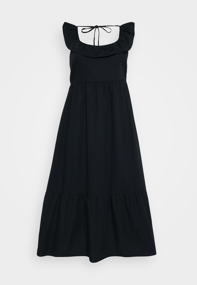 Schwarzes Kleid aus weichem Stoff, mit Rüschen-Trägern, einem taillierten Oberteil und einem gestuften Rockdesign. Verstellbare Bindung im Nacken hinten.