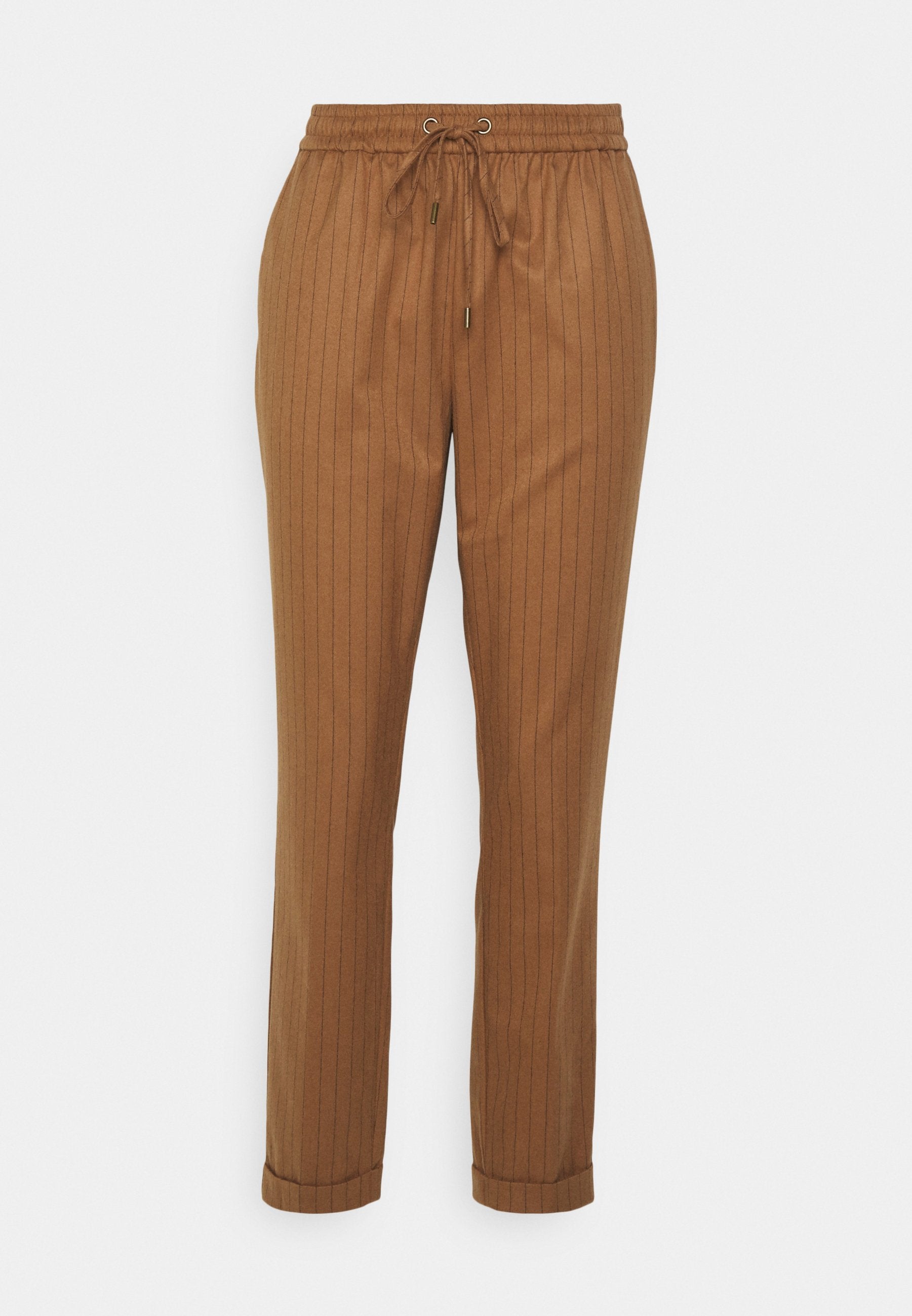 Braune, gestreifte Hose aus weicherm Stoff, mit einem elastischen Bund und einem Zugband sowie einem tapered Design; am Knöchel umgeschlagen.
