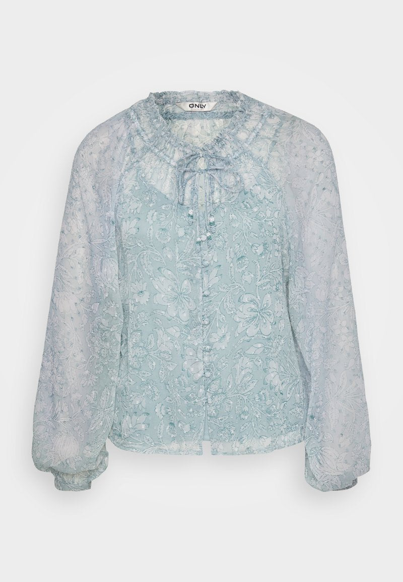 Hellsblaue Bluse aus transparenter Stoff mit Blumenmustern, gerafftem Ausschnitt, Bindeschluss und puffartigen langen Ärmeln.