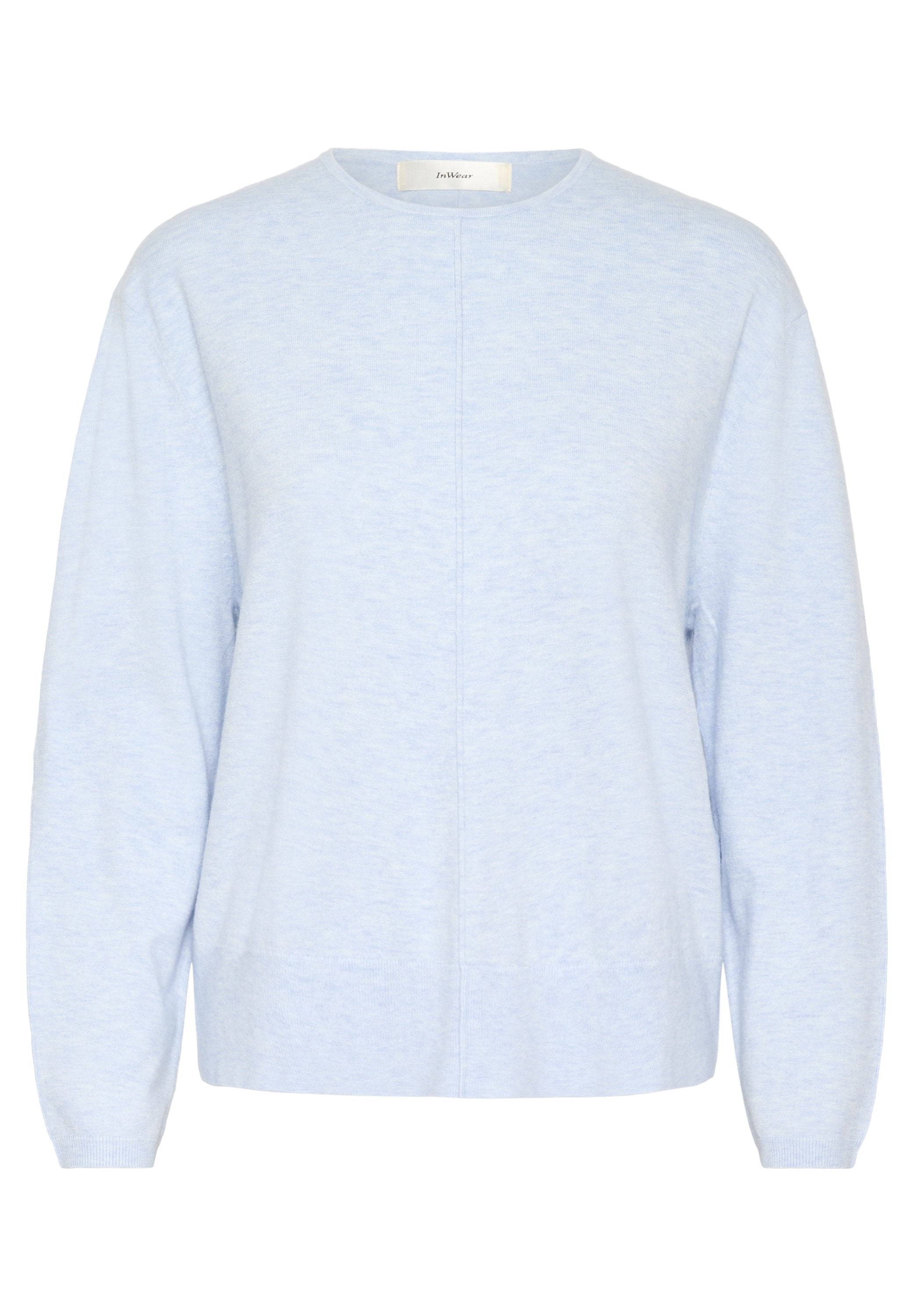 Hellblauer gestrickter Pullover mit langen Ärmeln, rundem Hals und geradem Schnitt. Verfügt über eine subtile Textur und eine Mittelnaht-Details.