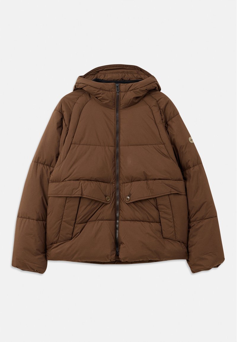 Braune gepolsterte Jacke mit Kapuze, verfügt über einen Reißverschluss, zwei Fronttaschen mit Klappen und eine kastige Form. Hergestellt aus gestepptem Material.