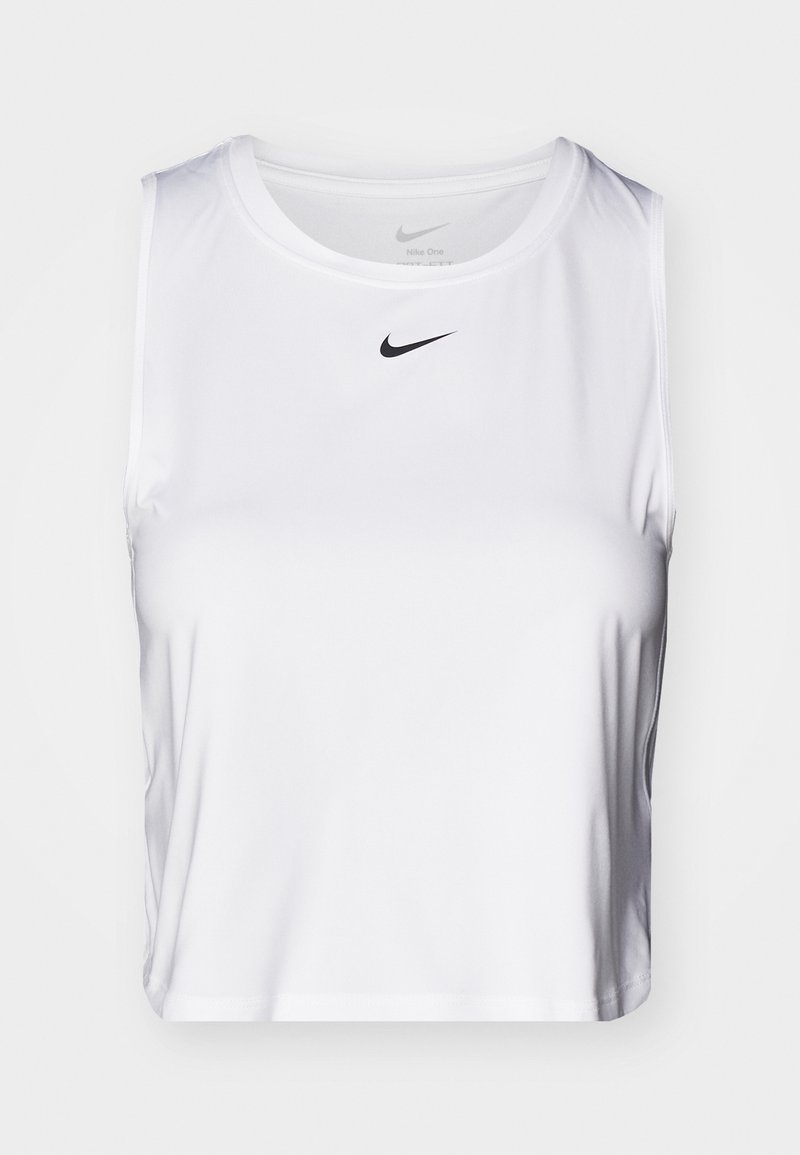 Weißes ärmelloses Sportoberteil aus glattem Stoff, mit Rundhalsausschnitt und kleinem schwarzen Nike-Logo auf der Brust.