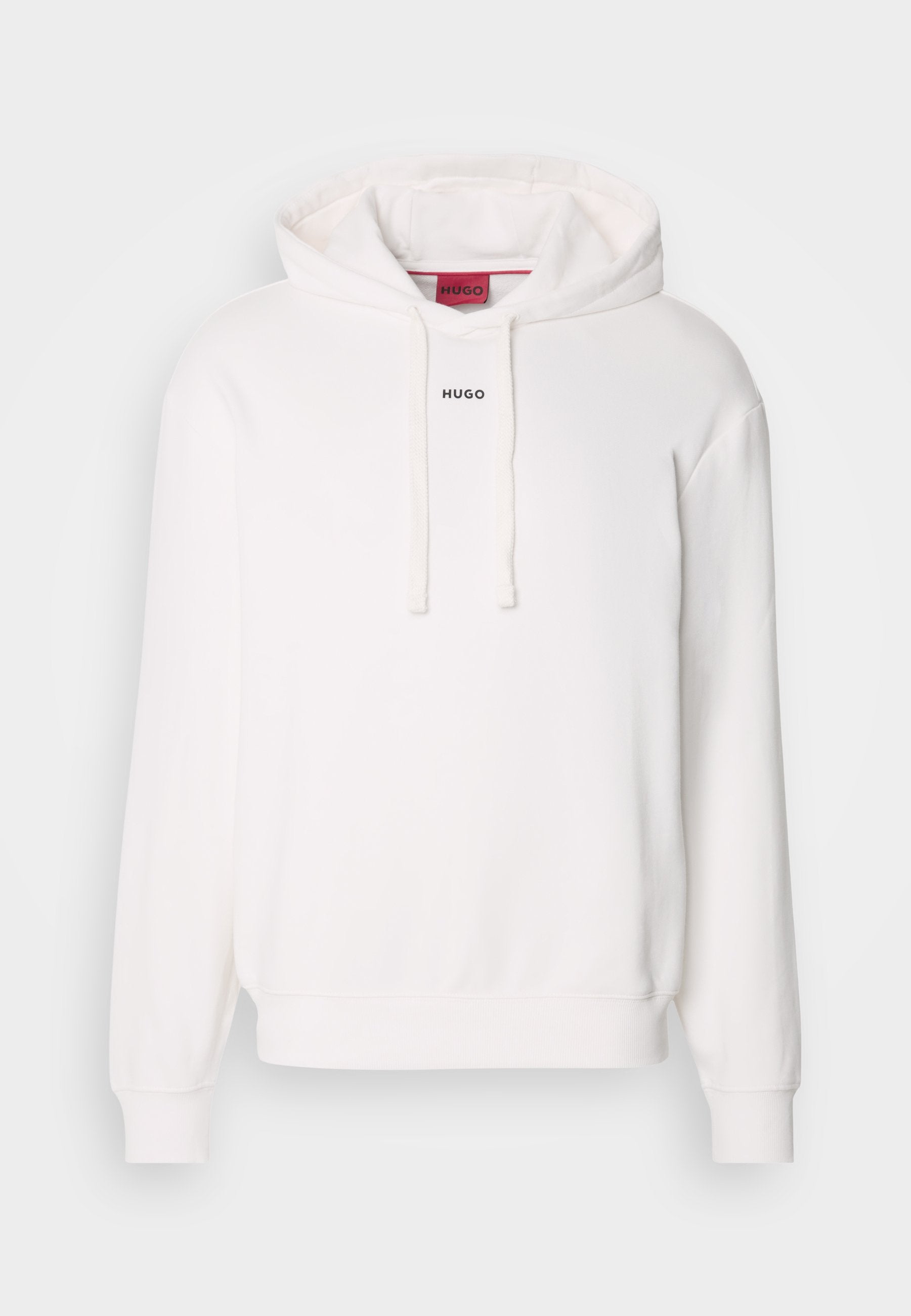 Weißer Kapuzenpullover mit langen Ärmeln, Kordelzugkapuze, vordertasche im Känguru-Stil und dezentem "HUGO"-Logo auf der Brust. Weicher Stoff.