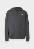 Grauer Kapuzenpullover mit Reißverschluss aus weichem Stoff, mit Kängurutasche, gerippten Bündchen und einem kleinen Logo auf der linken Brust.