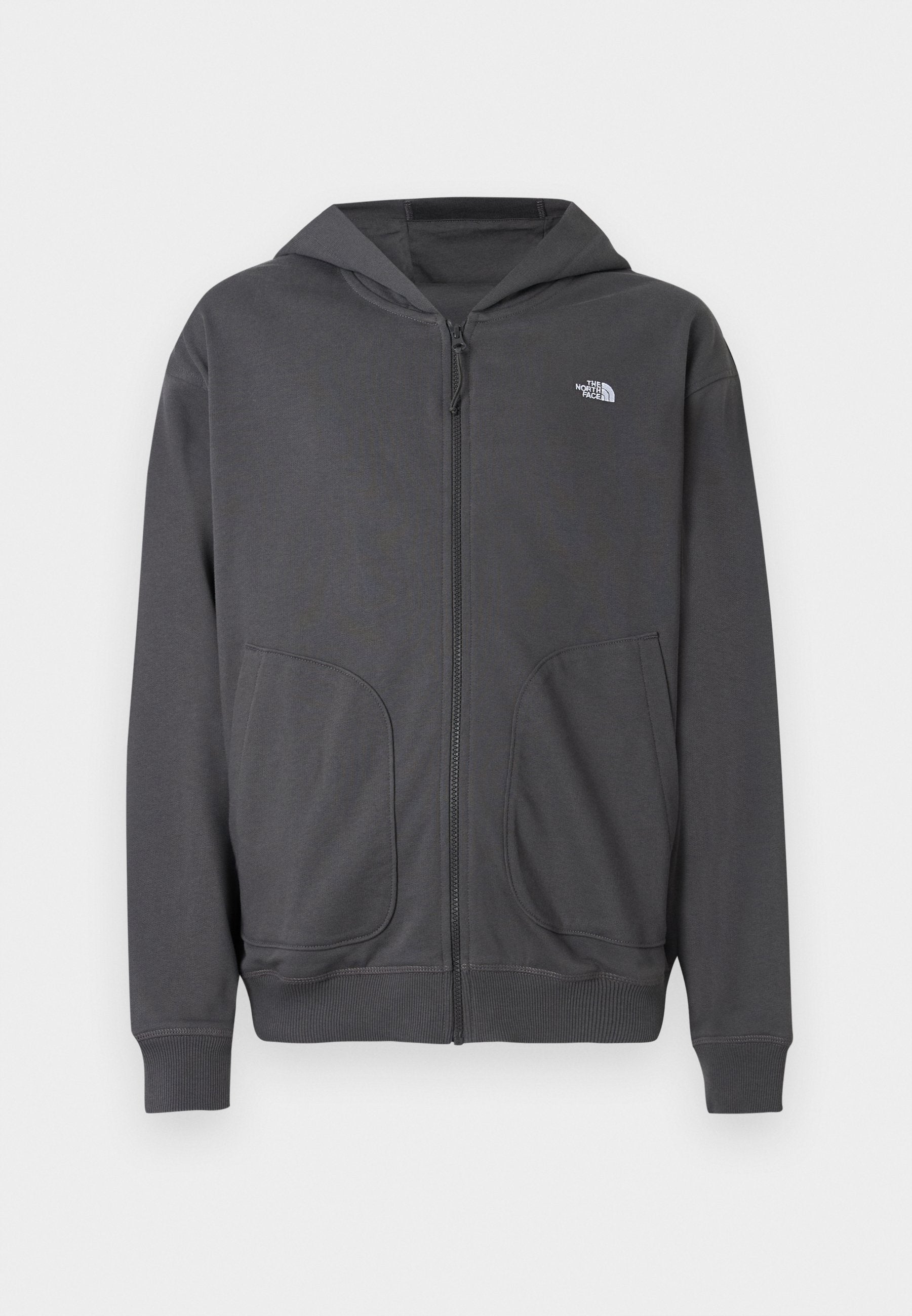 Grauer Kapuzenpullover mit Reißverschluss aus weichem Stoff, mit Kängurutasche, gerippten Bündchen und einem kleinen Logo auf der linken Brust.
