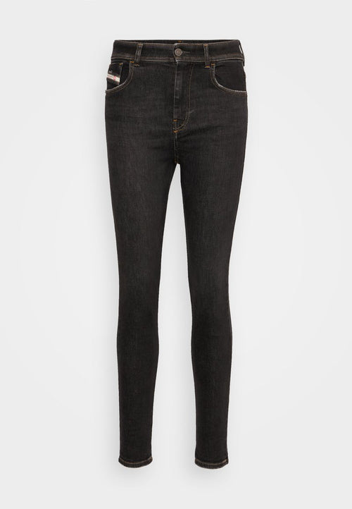 Schwarze enge Jeans aus Denim, mit fünf Taschen, kontrastierenden Nähten und einem Reißverschluss mit Knopfverschluss.