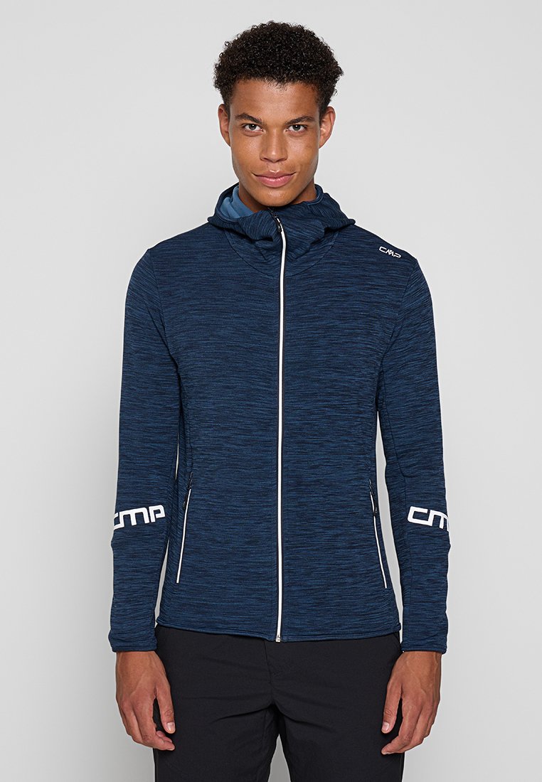 Marineblaue Reißverschlussjacke aus strukturierter Stoffqualität, mit Kapuze, weißen Akzenten an den Ärmeln und seitlichen Taschen.