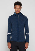 Marineblaue Reißverschlussjacke aus strukturierter Stoffqualität, mit Kapuze, weißen Akzenten an den Ärmeln und seitlichen Taschen.