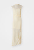 Knie-langes, ärmelloses Kleid aus weichem gelbem Spitzenstoff mit gerippter Textur. Enganliegende Taille, fließender Rock und durchsichtiger Überwurf. Flacher Saum.